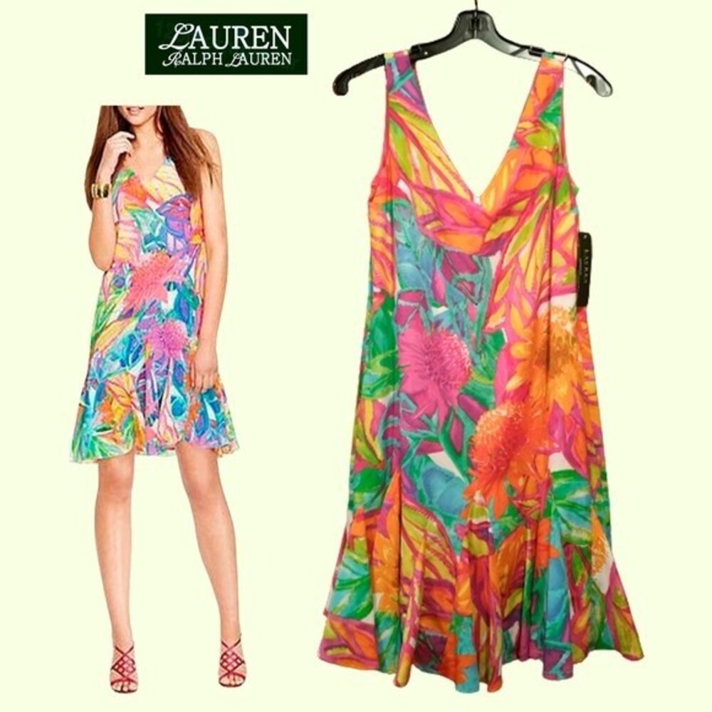Lauren Ralph Lauren NEW Maximalism Floral V-Neck Sleeveless Godet Hem Dress 2